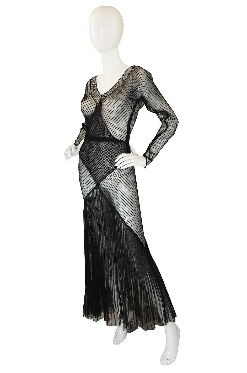 1930s Exceptional Black Silk Net Bias Gown