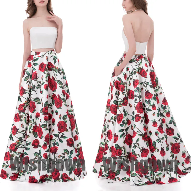 2 Pieces Elegant Unique Flowers Cheap Long Evening Prom Dresses, WG1057