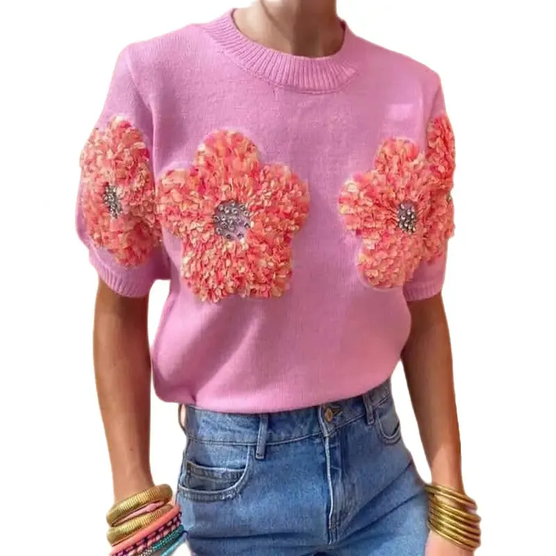 3D Knitted Flower Short Sleeve Sweater