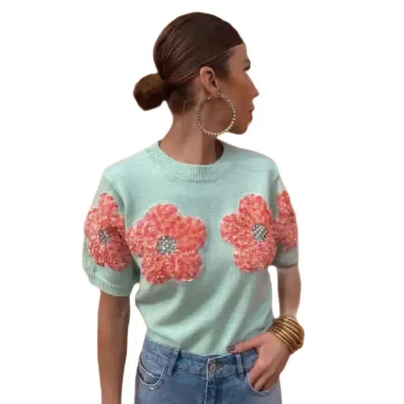 3D Knitted Flower Short Sleeve Sweater