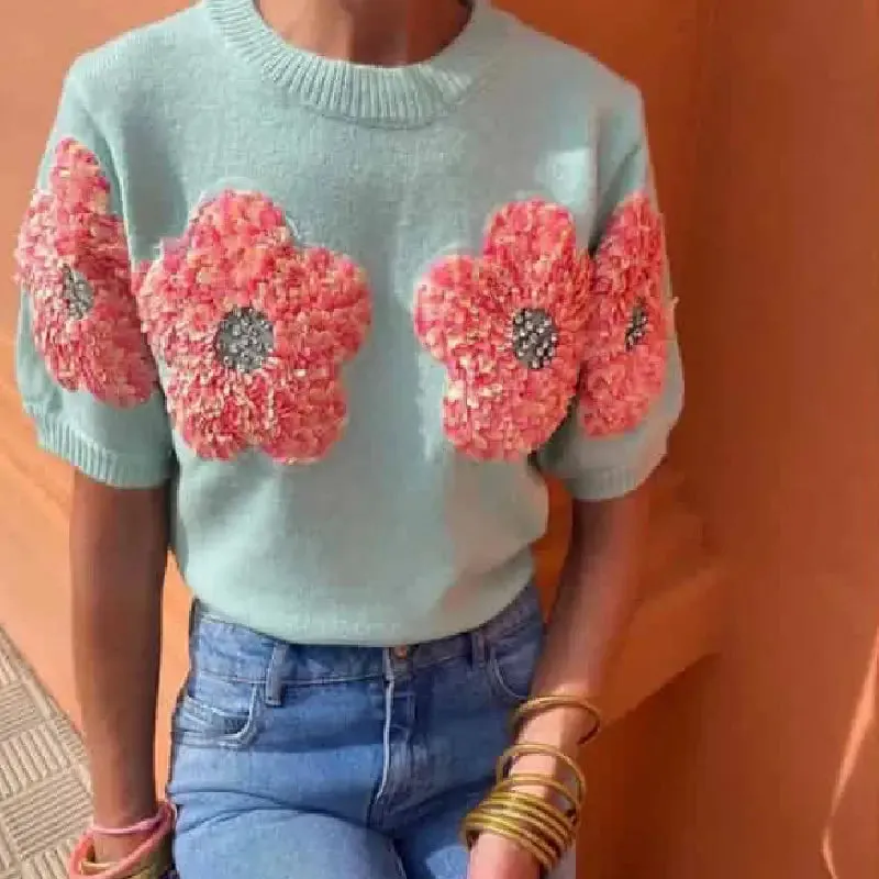 3D Knitted Flower Short Sleeve Sweater