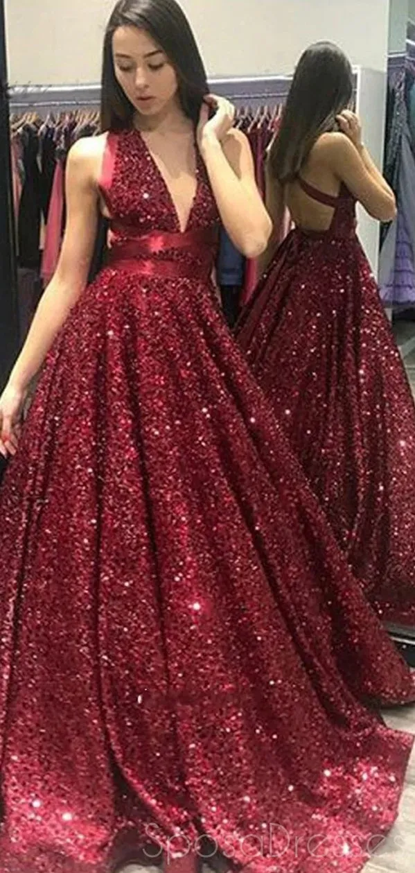 A-line Deep V Neck Sleeveless Long Prom Dresses, Sweet 16 Prom Dresses, 12490