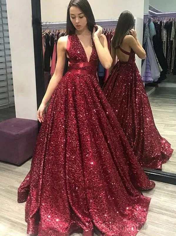 A-line Deep V Neck Sleeveless Long Prom Dresses, Sweet 16 Prom Dresses, 12490