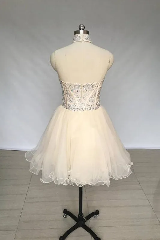 A Line High Neck Tulle Beading Mini Homecoming Short Prom Dress with Beads