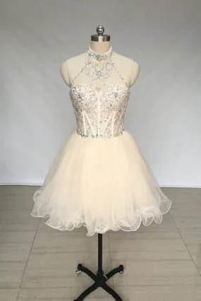 A Line High Neck Tulle Beading Mini Homecoming Short Prom Dress with Beads