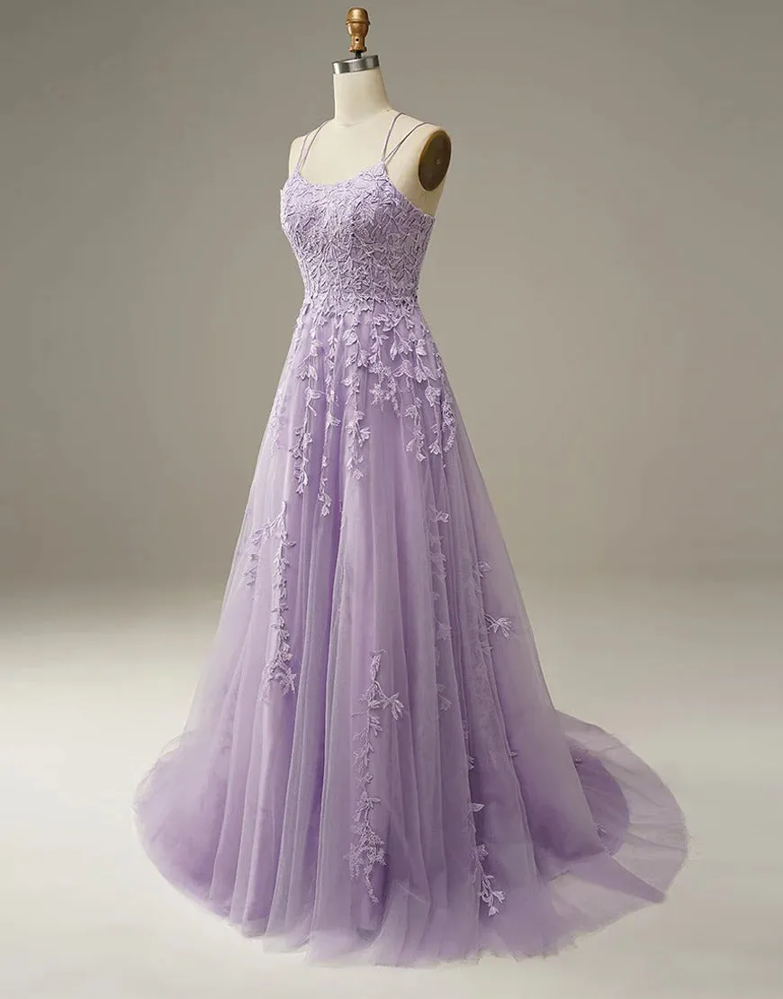 A-Line Long Lilac Prom Dresses with Appliques,BD930624