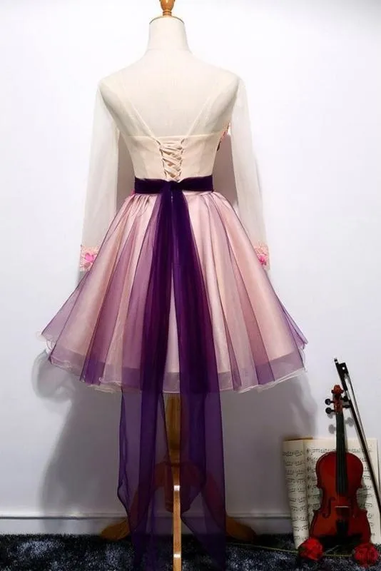 A Line Long Sleeves Tulle Short Homecoming Dresses with Appliques and Flowers