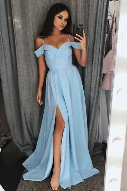 A Line Off the Shoulder Split Long Prom Dress Cheap Sexy Slit Evening Gown