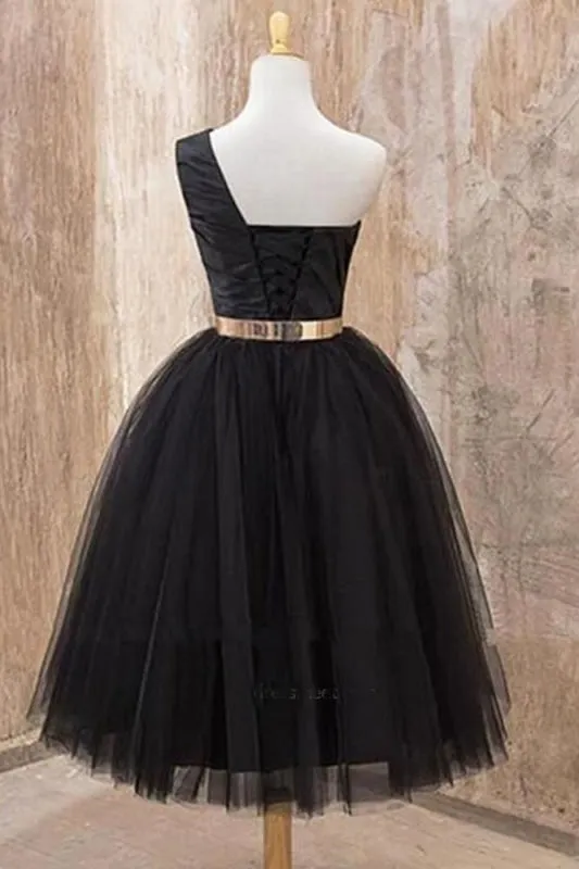 A Line One Shoulder Black Tulle Tea Length Homecoming with Belt Short Prom Dresses