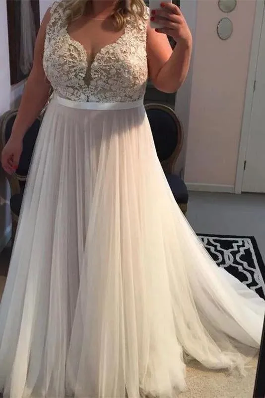 A Line Sleeveless Prom Dress with Lace Brush Train Tulle Plus Size Dresses