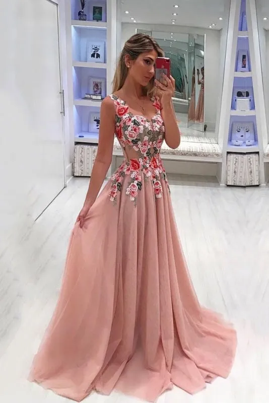 A Line Straps Appliqued Prom Dress Cheap Sweep Train Tulle Evening Dresses