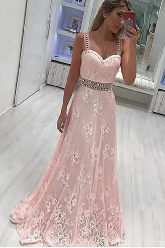 A Line Straps Lace Appliqued Prom Dress with Beads Light Pink Long Party Dresses