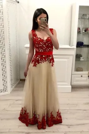 A Line Tulle Prom with Red Lace Appliques Floor Length Senior Dance Dress