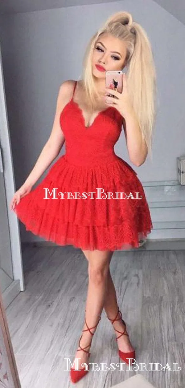 A-line V-neck Spaghetti Strap Red Lace Short Cheap Homecoming Dresses, HDS0030