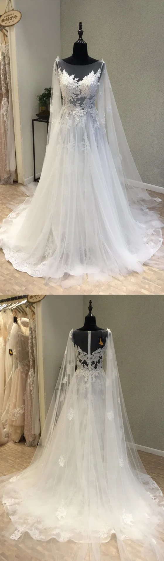 Affordable Tulle Applique Charming Long Brides Wedding Dresses, WG1218