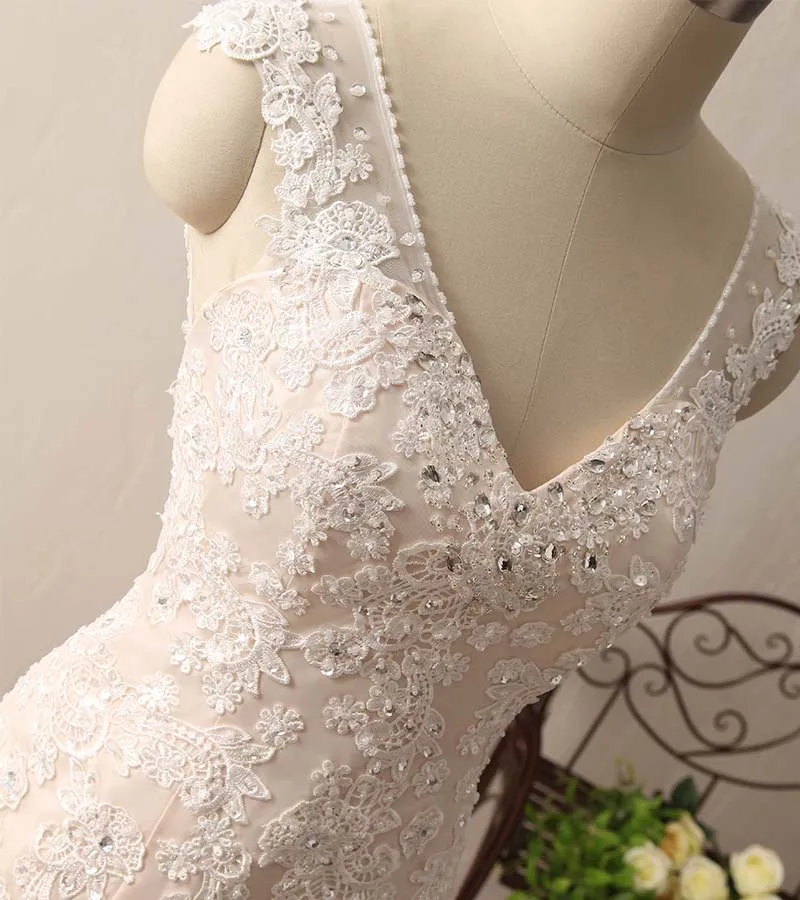 Alfa Bridal Sleeveless V-neck Mermaid Ivory Lace Over Champagne Wedding Dresses with Sweep Train (AW002)