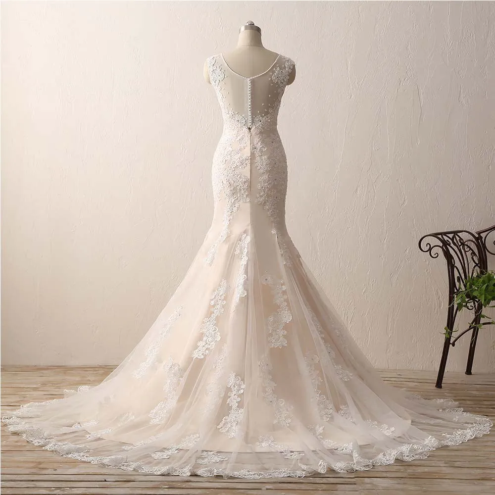 Alfa Bridal Sleeveless V-neck Mermaid Ivory Lace Over Champagne Wedding Dresses with Sweep Train (AW002)