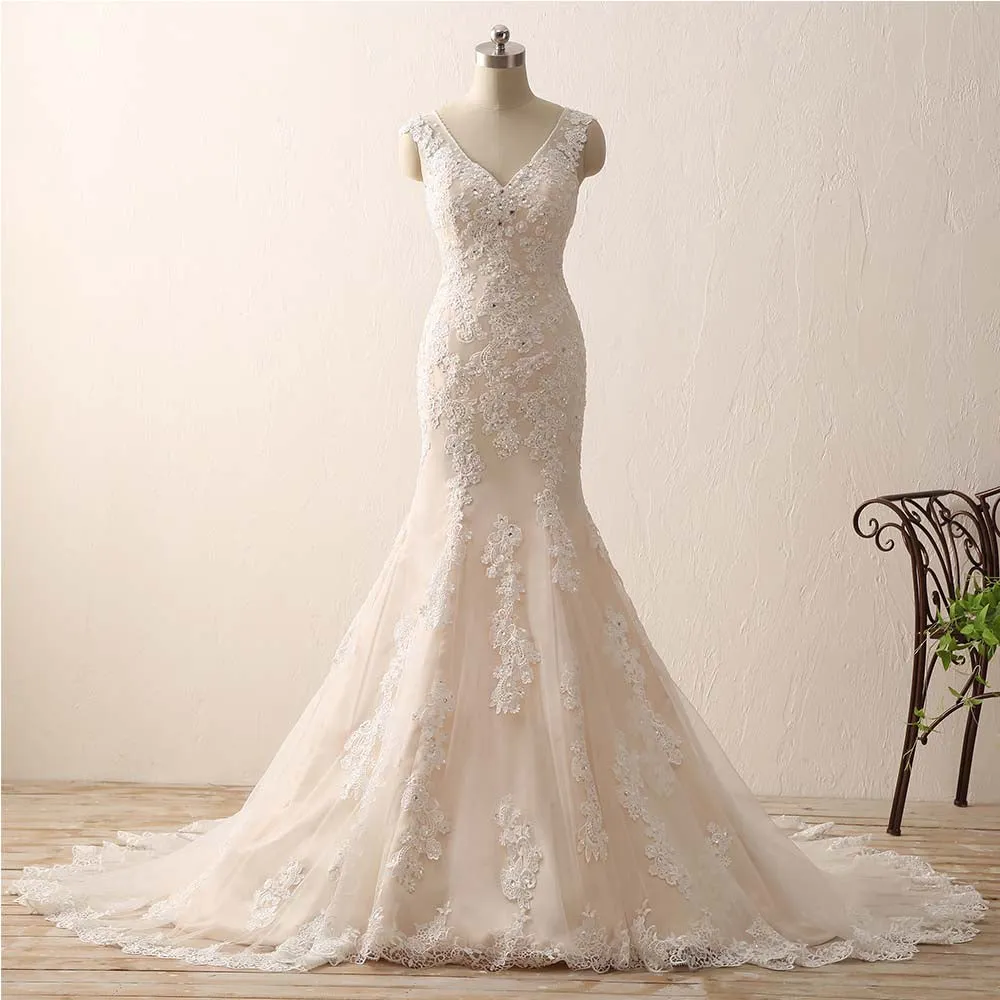 Alfa Bridal Sleeveless V-neck Mermaid Ivory Lace Over Champagne Wedding Dresses with Sweep Train (AW002)