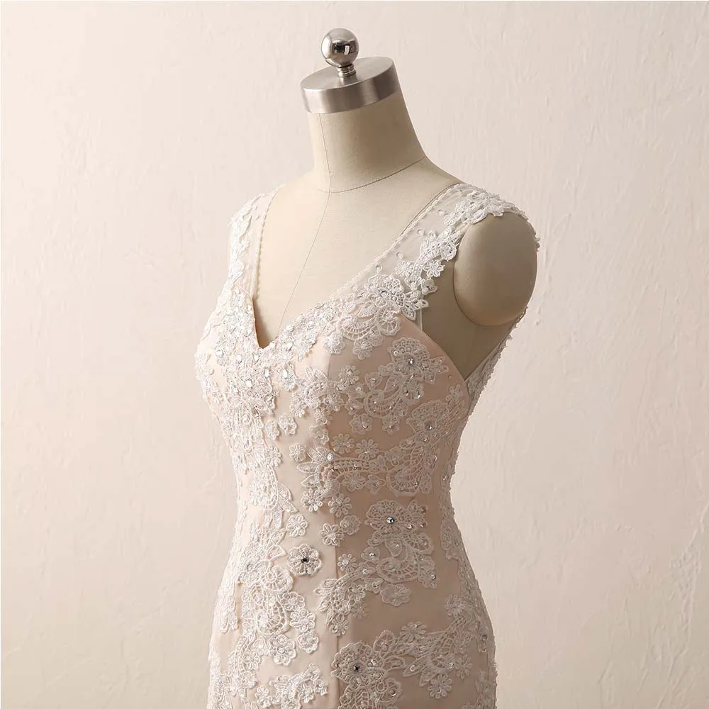 Alfa Bridal Sleeveless V-neck Mermaid Ivory Lace Over Champagne Wedding Dresses with Sweep Train (AW002)