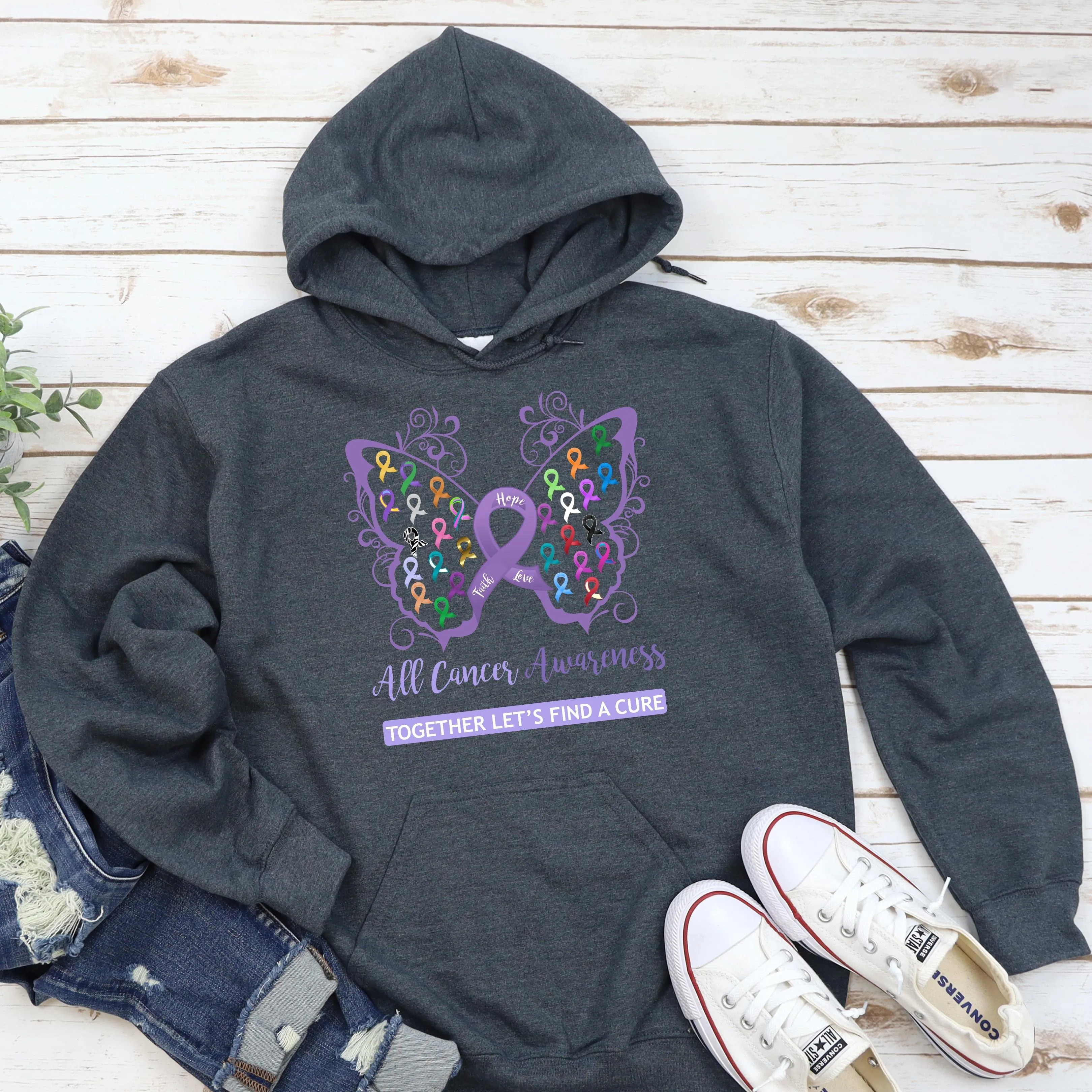 All Cancer Awareness Filigree Butterfly Hoodie - Several Colors Available