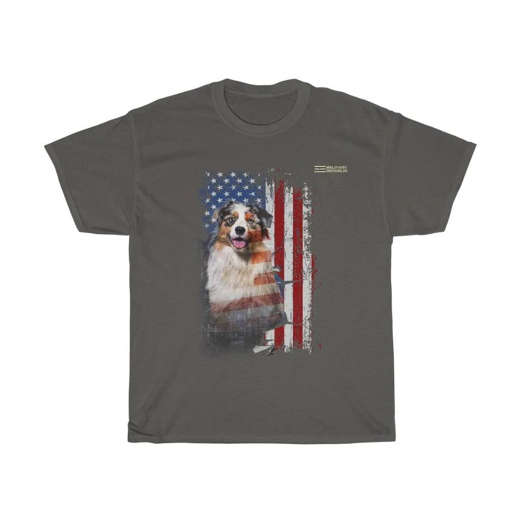 Australian Shepherd Dog with Distressed USA Flag Patriotic T-shirt