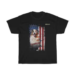 Australian Shepherd Dog with Distressed USA Flag Patriotic T-shirt