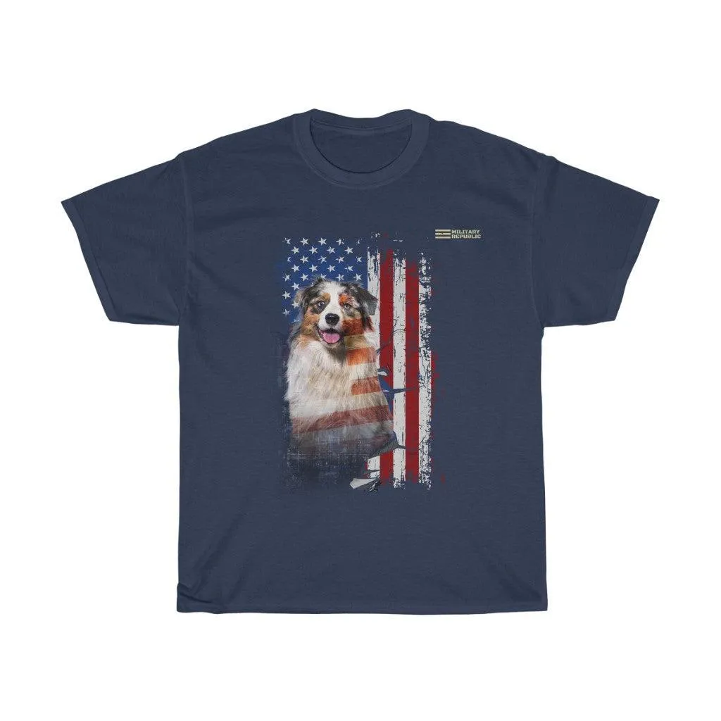 Australian Shepherd Dog with Distressed USA Flag Patriotic T-shirt