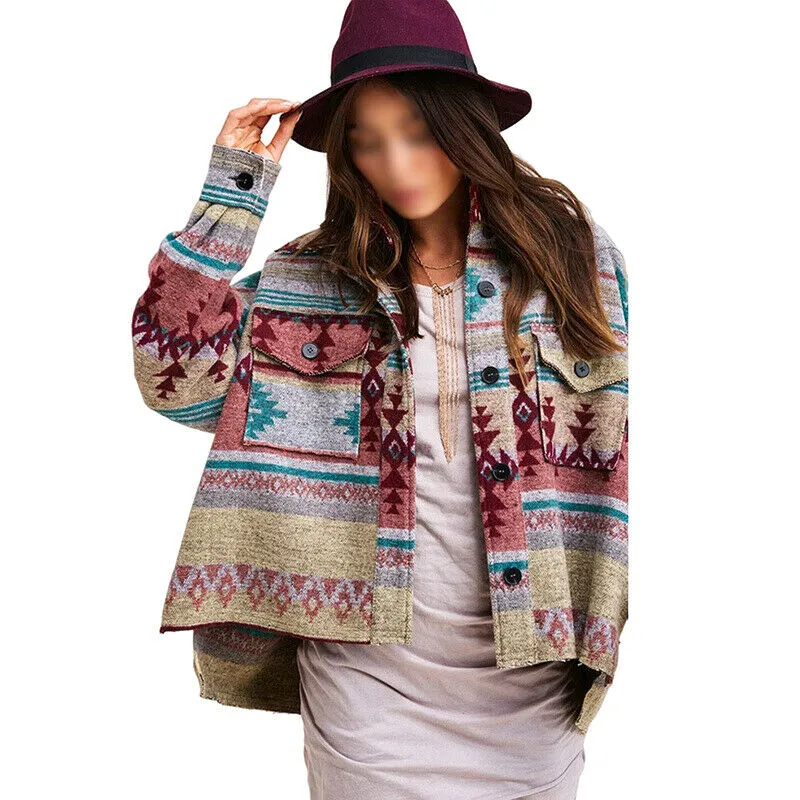 Aztec Shirt Jacket Shacket Blue & Tan Pink & Gray Or Red & Turquoise You Choose Southwestern Button Up Shirt With Pockets Boho Frayed Edges Available In Sizes Small Medium Large Or Extra Large XL