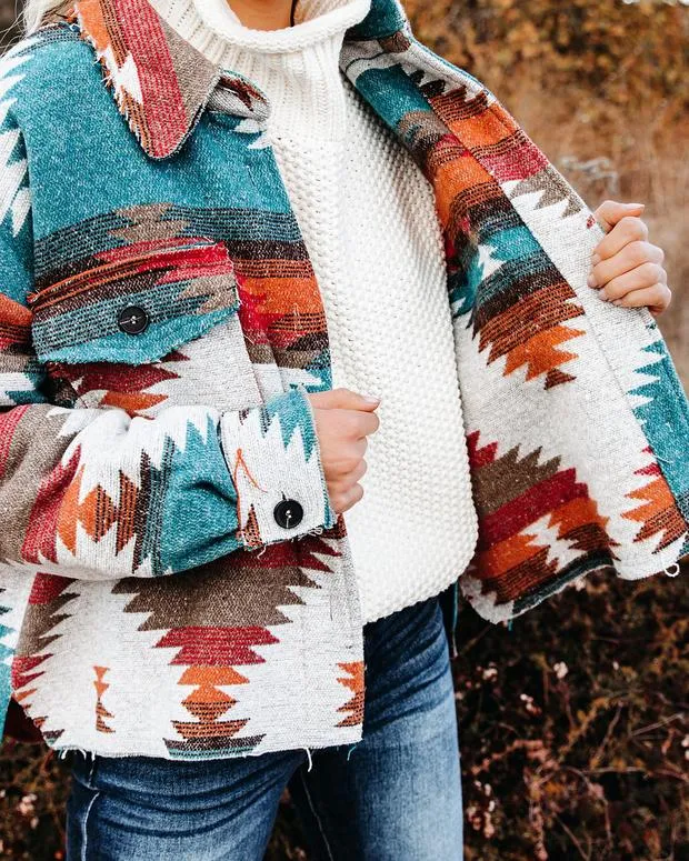 Aztec Shirt Jacket Shacket Blue & Tan Pink & Gray Or Red & Turquoise You Choose Southwestern Button Up Shirt With Pockets Boho Frayed Edges Available In Sizes Small Medium Large Or Extra Large XL