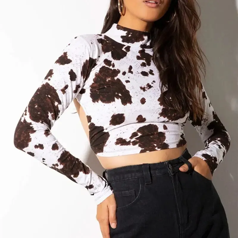 Backless Tie Up Turtle Neck Long Sleeve Crop-Top