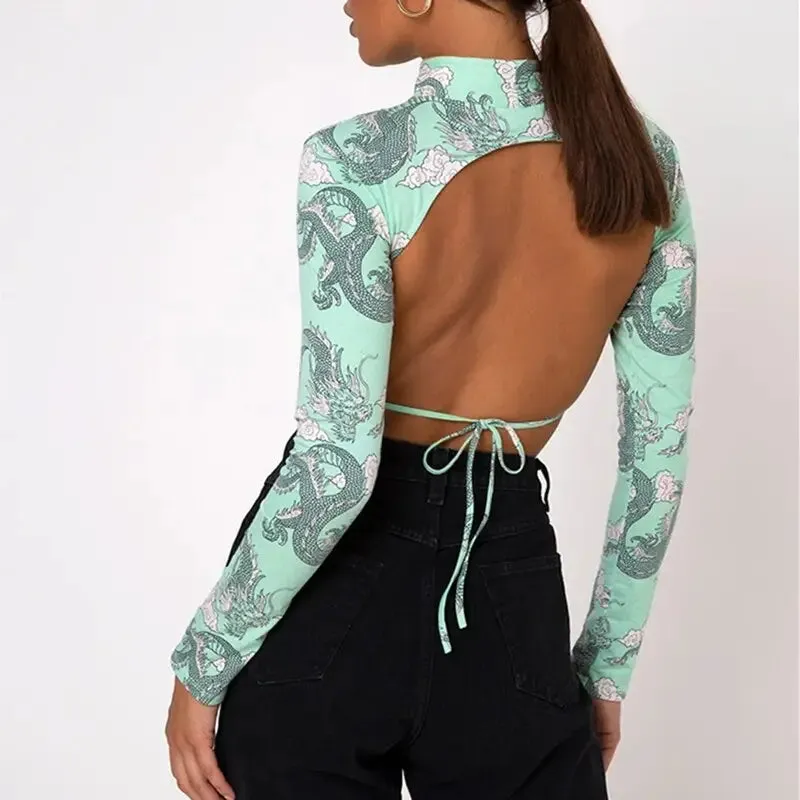 Backless Tie Up Turtle Neck Long Sleeve Crop-Top