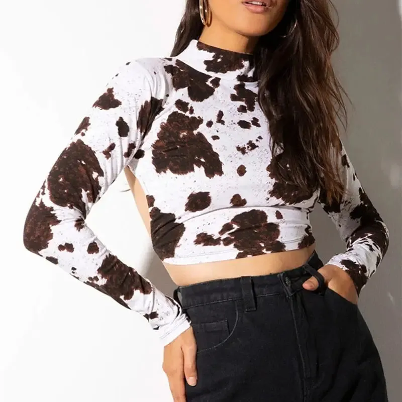 Backless Tie Up Turtle Neck Long Sleeve Crop-Top