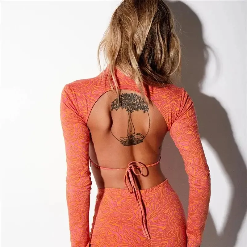 Backless Tie Up Turtle Neck Long Sleeve Crop-Top