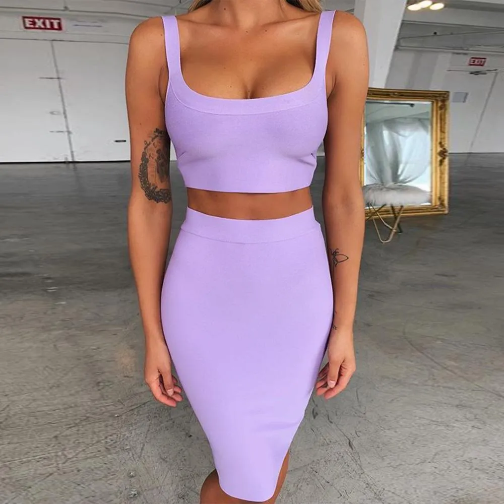 Bandage Dress Crop Top And Purple 2 Piece Set