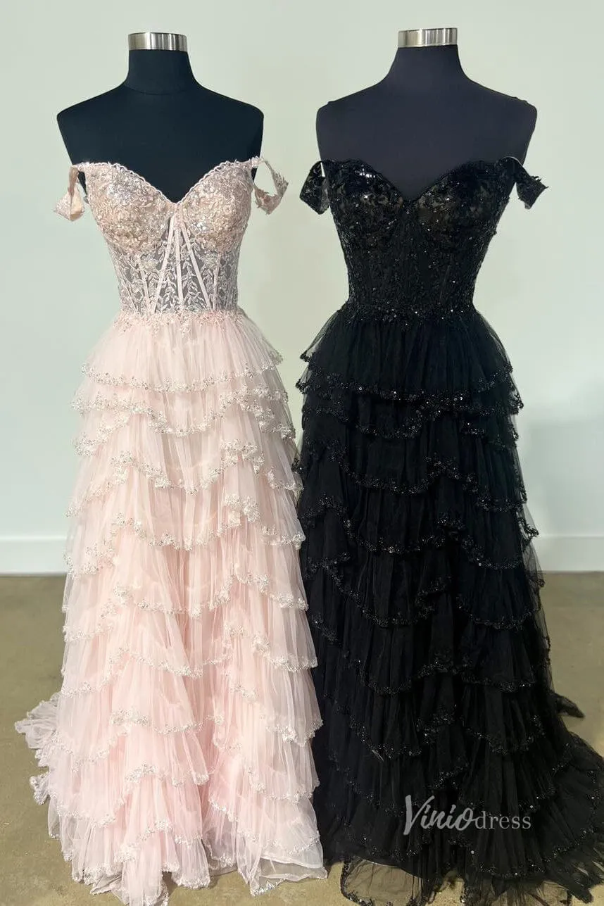 Beaded Tiere Ruffle Prom Dresses with Slit, Off the Shoulder FD3640D