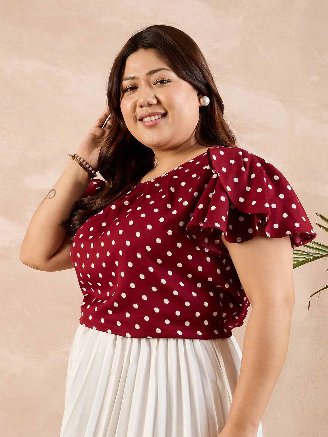 Berrylush Curve Women Red & White Polka Dot Printed Round Neck Puff Sleeves Straight Hem Pleated Regular Top