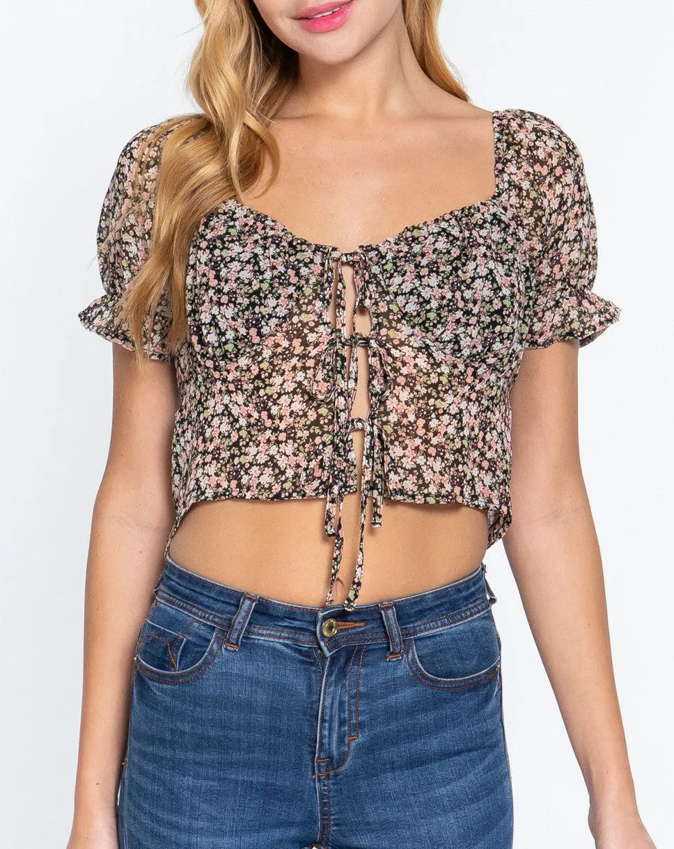 Black and Pink Floral Chiffon Sweetheart Front Tie Crop Top