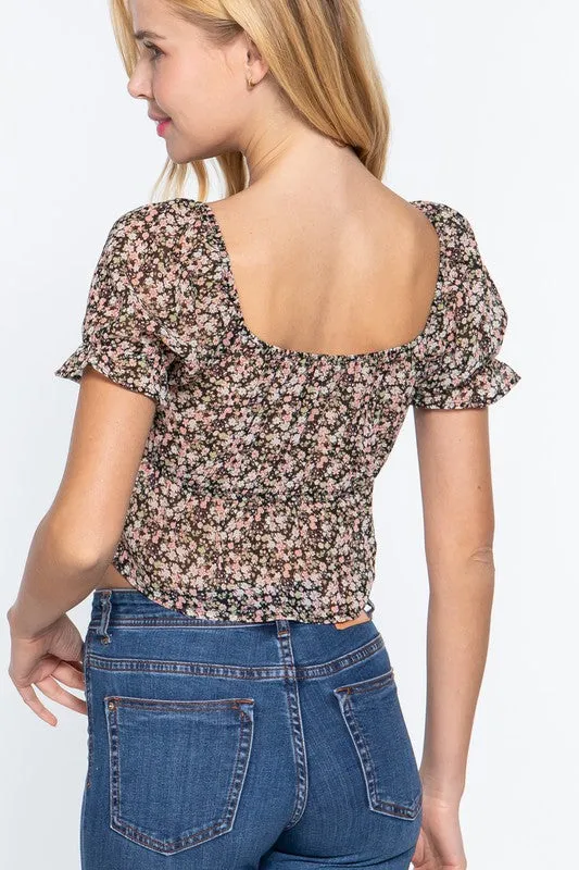 Black and Pink Floral Chiffon Sweetheart Front Tie Crop Top