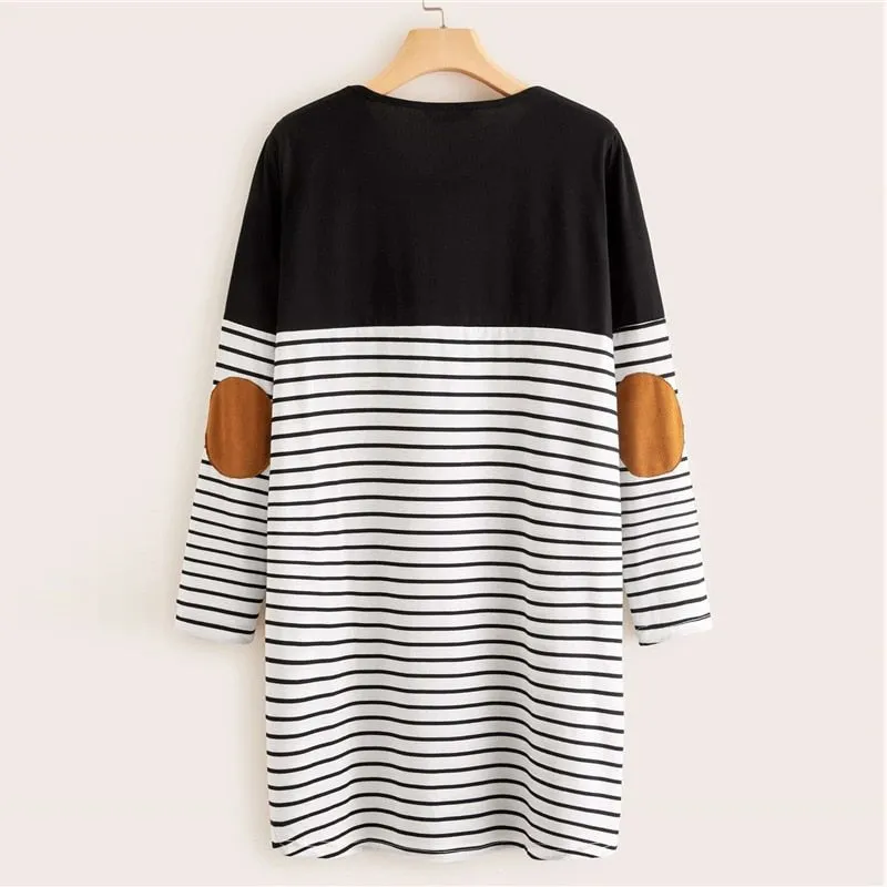 Black And White Pocket Patched Striped Tee Dress Women Spring Long Sleeve Ladies Basic Straight Short Casual Dresses