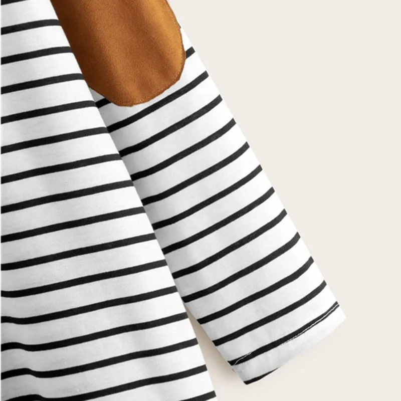 Black And White Pocket Patched Striped Tee Dress Women Spring Long Sleeve Ladies Basic Straight Short Casual Dresses