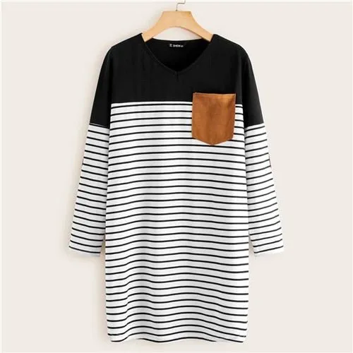 Black And White Pocket Patched Striped Tee Dress Women Spring Long Sleeve Ladies Basic Straight Short Casual Dresses