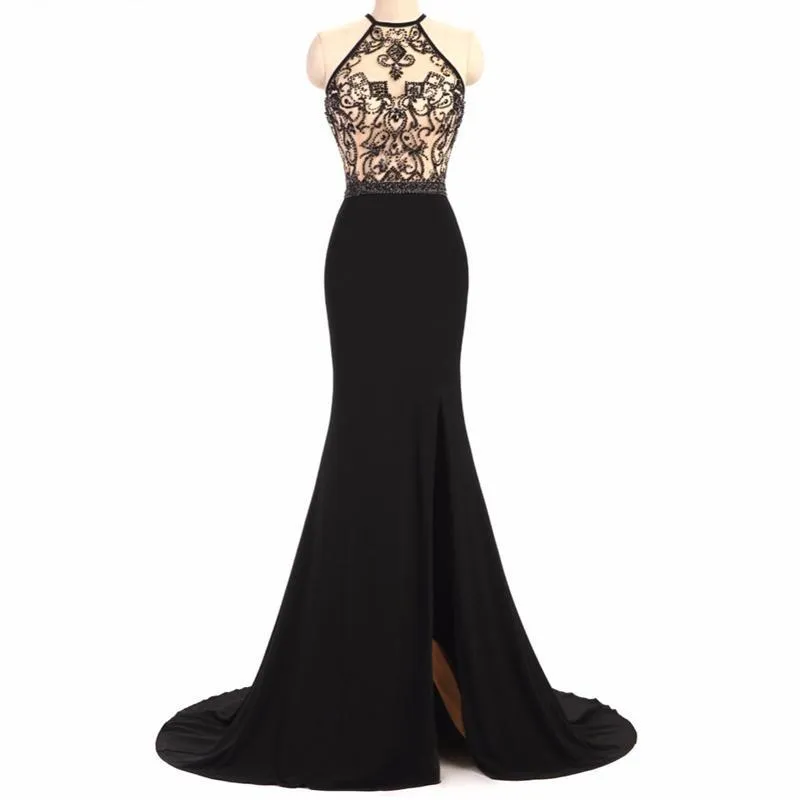 Black Beaded Jersey Sexy See Through Side Slit Mermaid Prom Dresses, BG0357