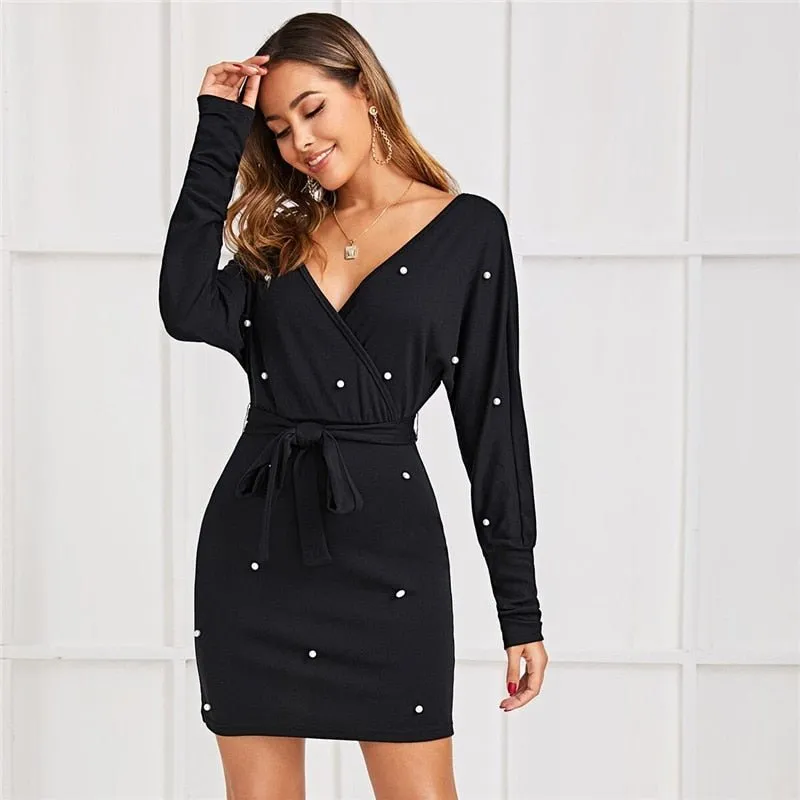 Black Deep V neck Pearls Beading Belted Elegant Dress Women 2019 Autumn High Waist Batwing Sleeve Wrap Bodycon Dresses