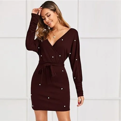 Black Deep V neck Pearls Beading Belted Elegant Dress Women 2019 Autumn High Waist Batwing Sleeve Wrap Bodycon Dresses