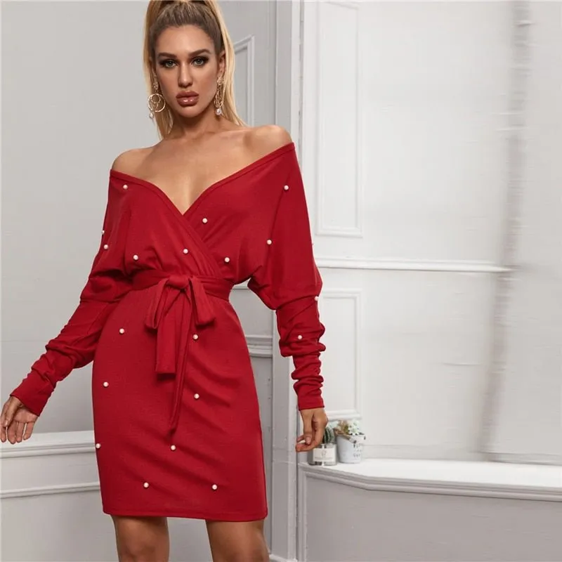 Black Deep V neck Pearls Beading Belted Elegant Dress Women 2019 Autumn High Waist Batwing Sleeve Wrap Bodycon Dresses