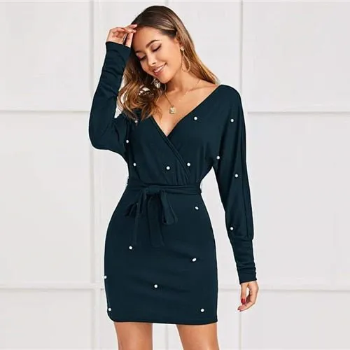 Black Deep V neck Pearls Beading Belted Elegant Dress Women 2019 Autumn High Waist Batwing Sleeve Wrap Bodycon Dresses