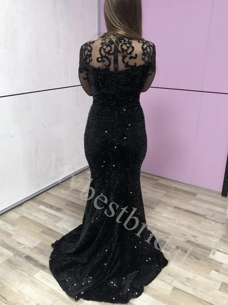 Black Elegant Long sleeves Mermaid Long Prom Dresses,PDS0630