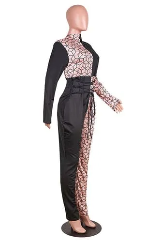 Black geometric patchwork jumpsuit