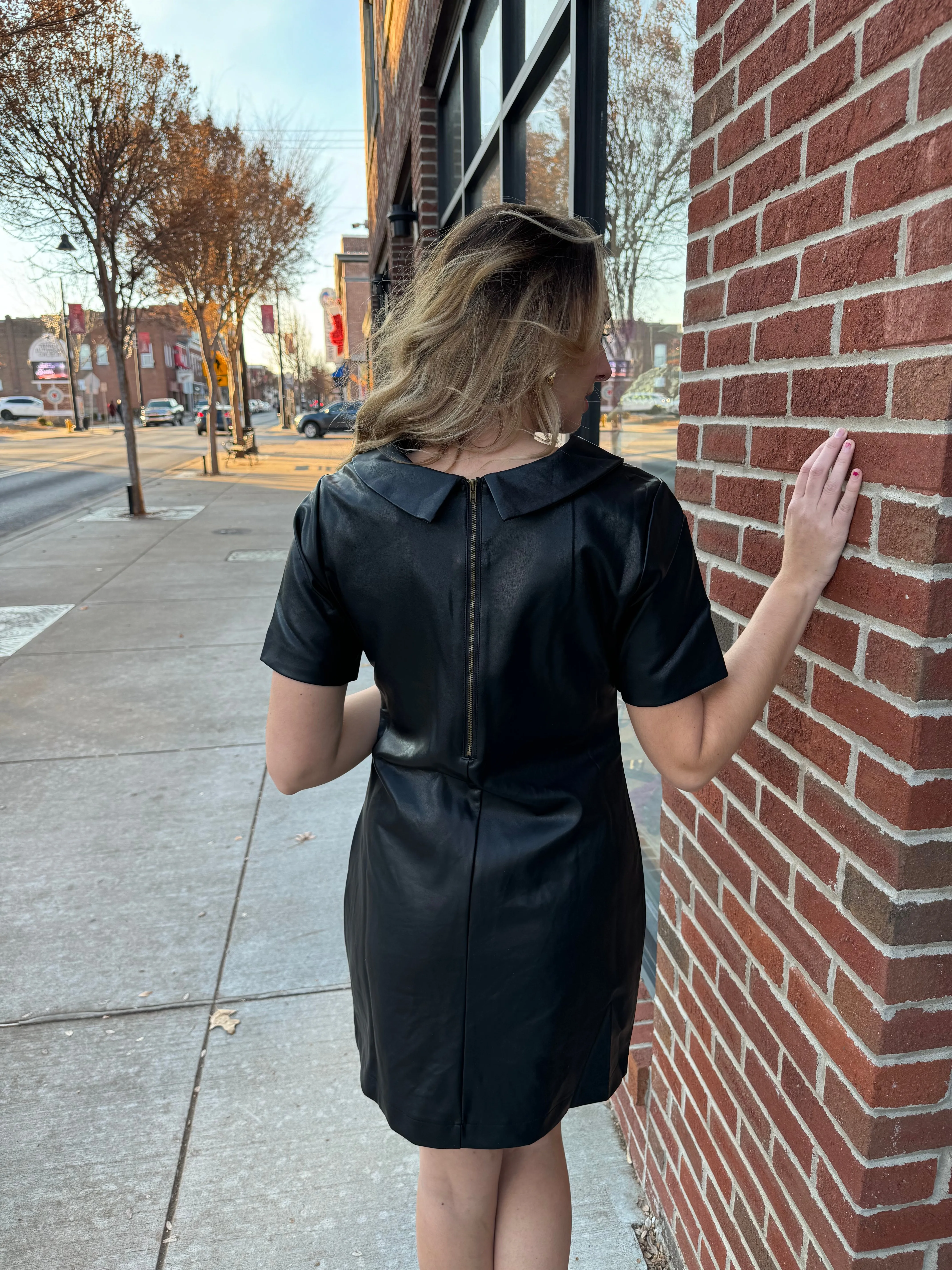 Black Leather Cup Sleeve Dress