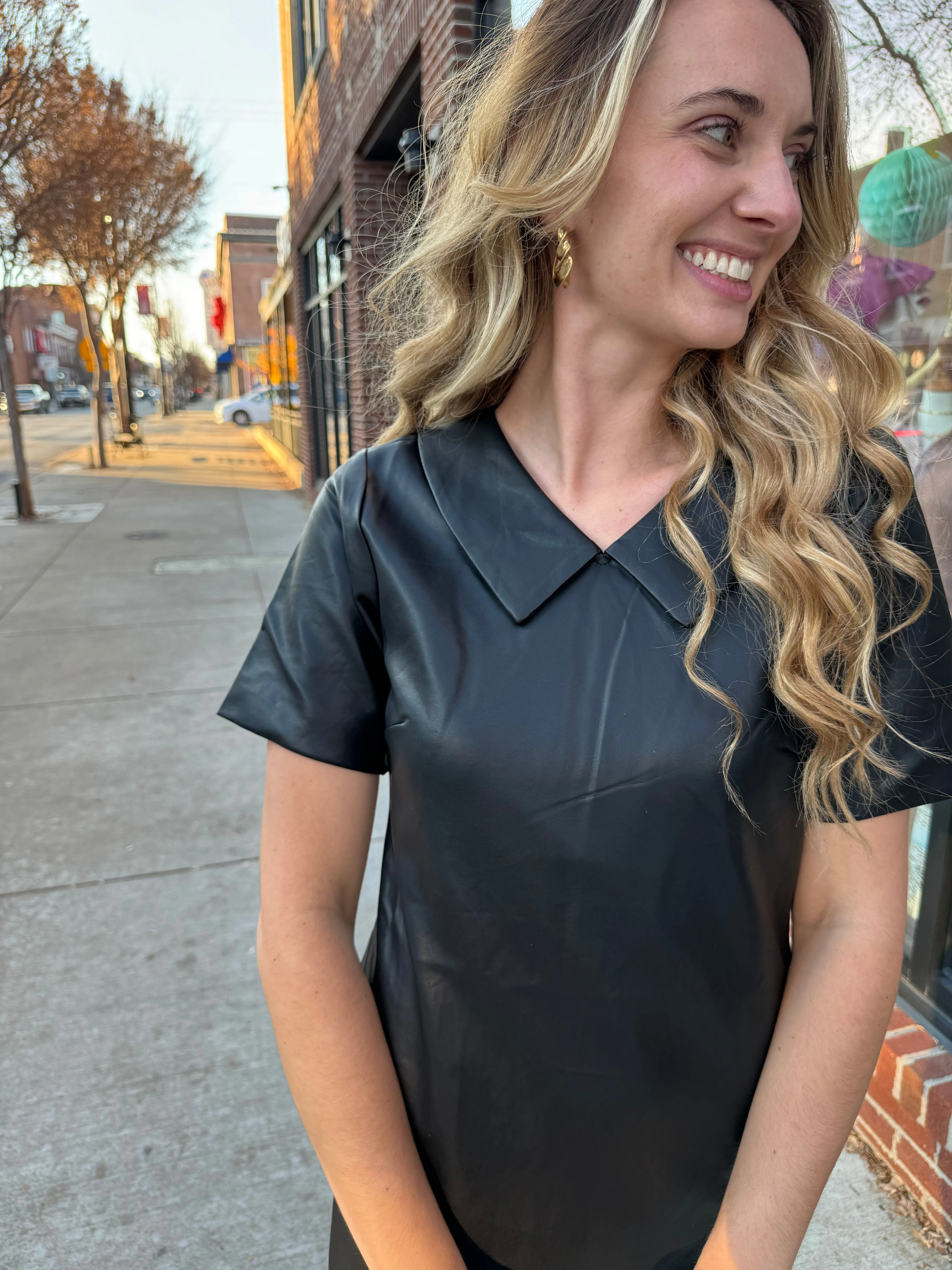 Black Leather Cup Sleeve Dress